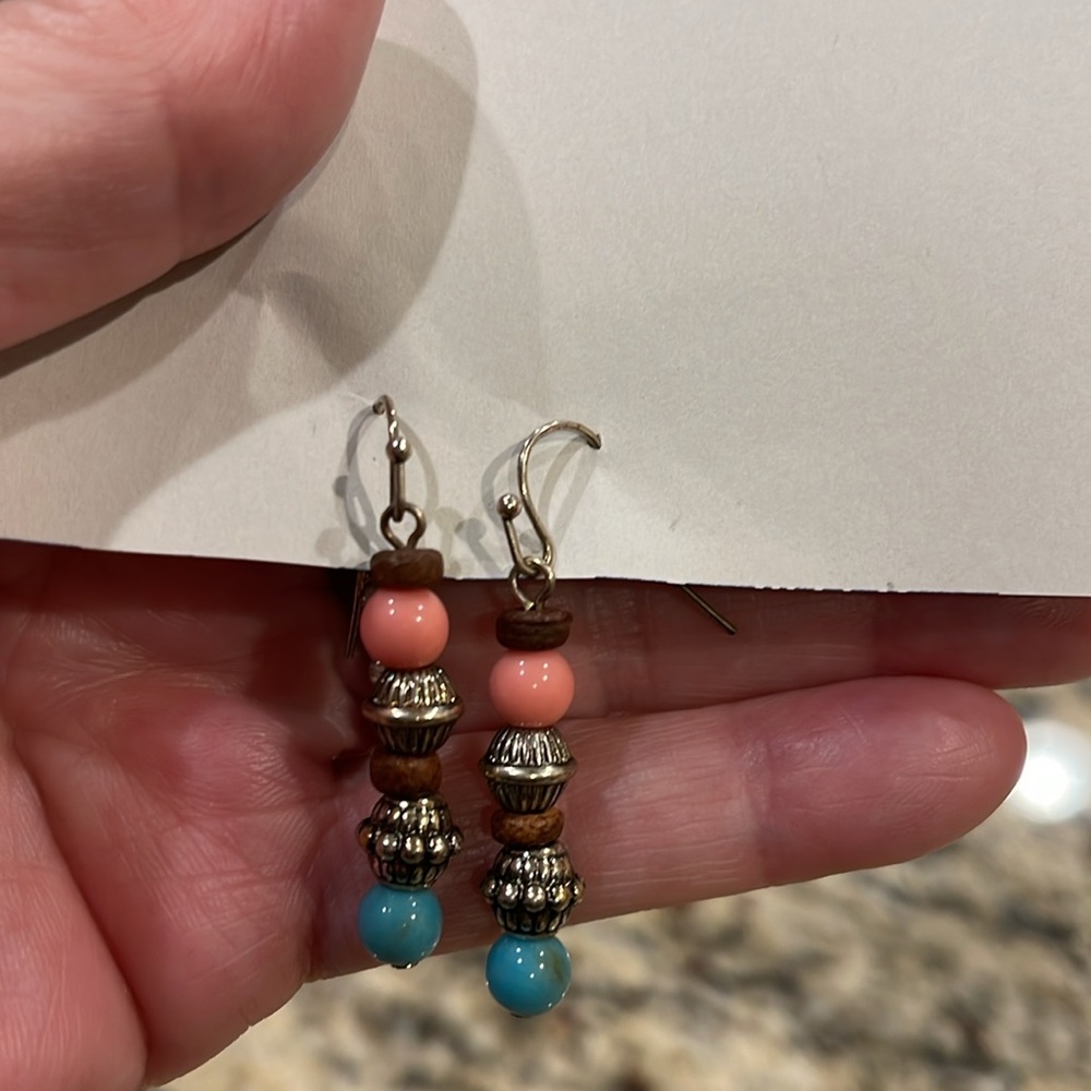 Beaded dangle earrings, silver, wood, blue & apricot beads, silver posts